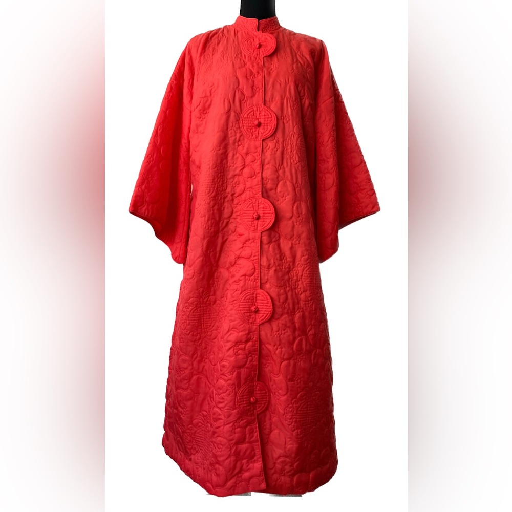 Vintage '80s Goldman's Red Quilted Cheongsam Maxi Coat Asian-Inspired Nylon XL